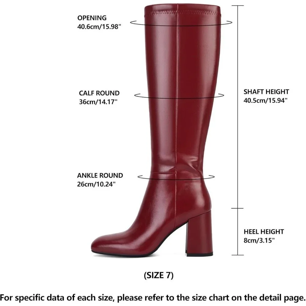 Women's Faux Leather Square Toe Chunky Heel Knee High Boots Side Zip Red